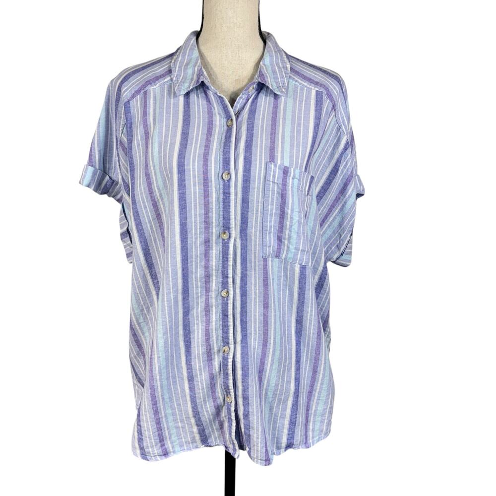 Terra & Sky 1X-Large (16W-18W) Top Button-Up Dolman Sleeves Striped Linen Blend